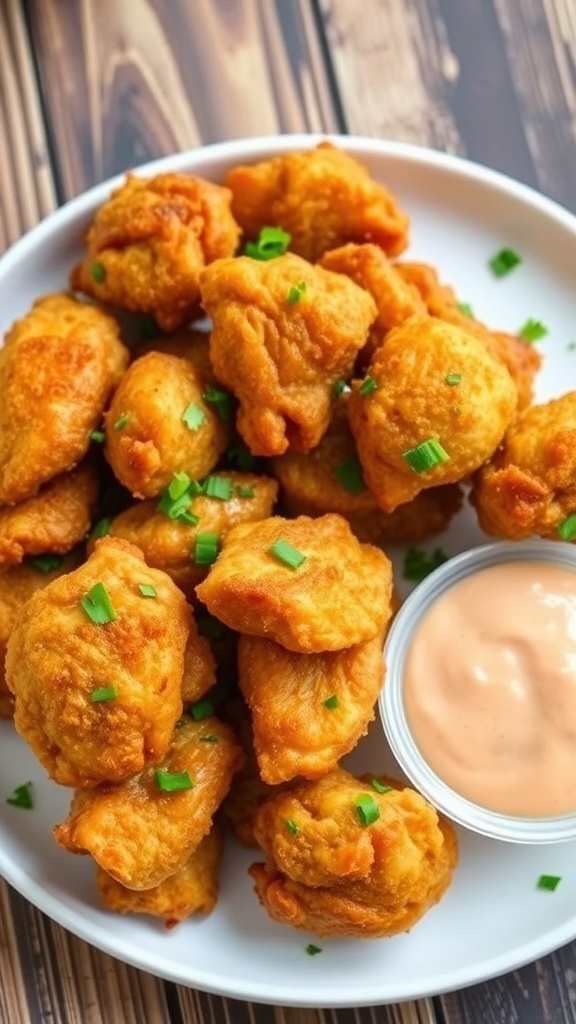 Crispy air fryer chicken bites on a plate with herbs and dipping sauce.